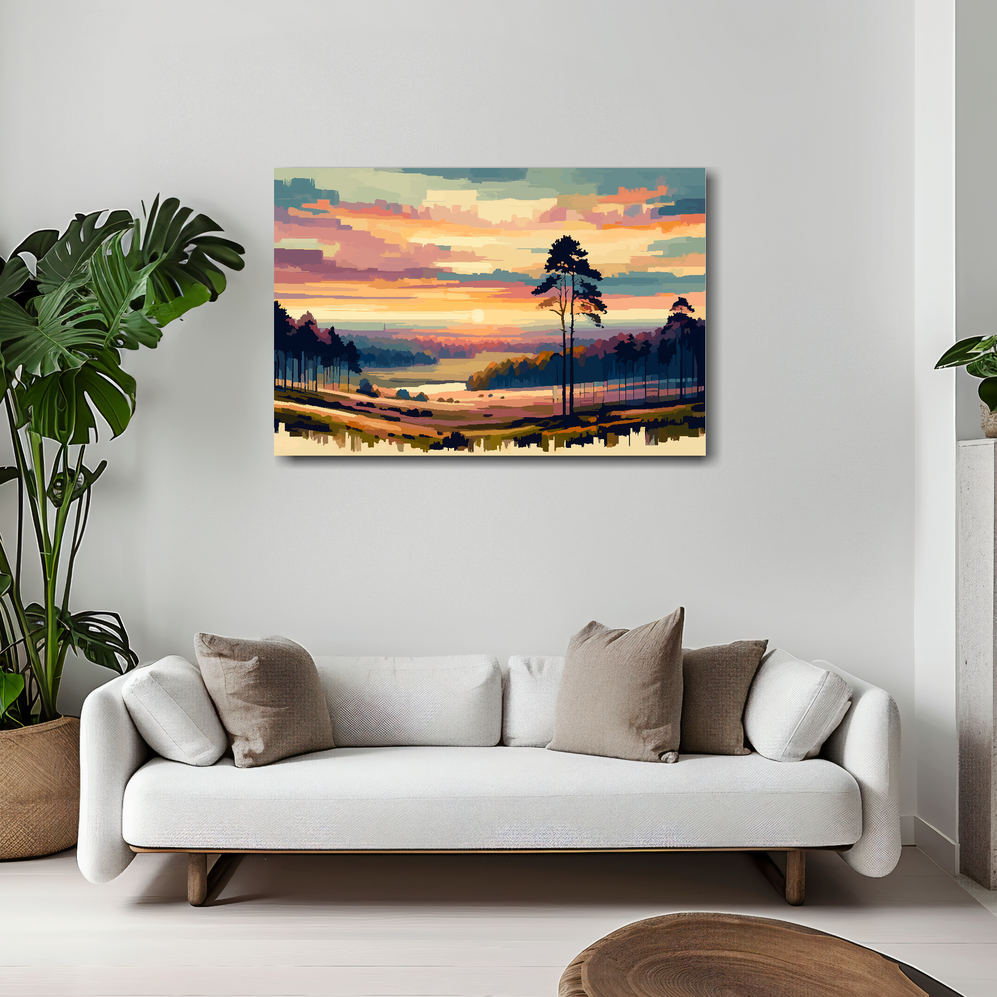 30 inch by 20 inch canvas featuring a sunset tree landscape with a vanilla sky. Mounted on a white wall above a white sofa with decorative pillows.