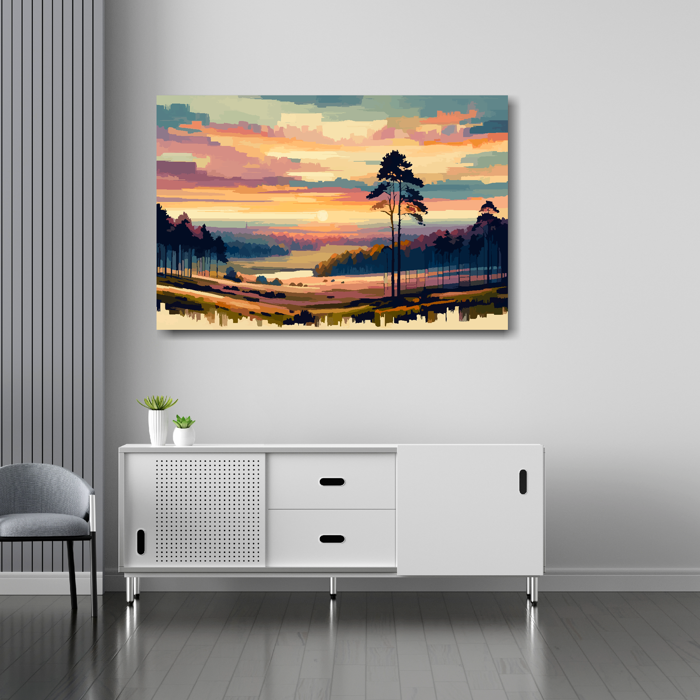 36 inch by 24 inch canvas featuring a tree landscape with a vanilla sky. Mounted on a white wall above a white sideboard.