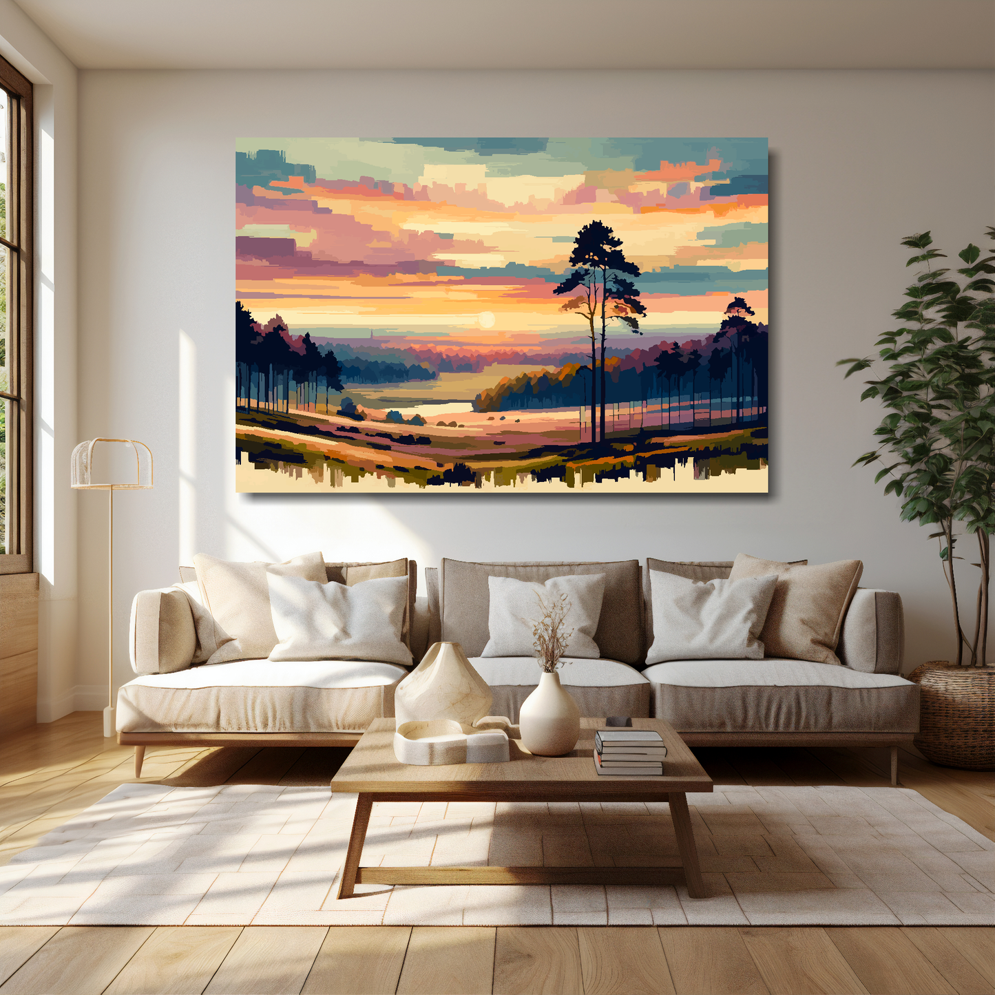 60 inch by 40 inch canvas featuring a tree landscape with a vanilla sky. Mounted on a cream wall above a cream sofa with decorative pillows.