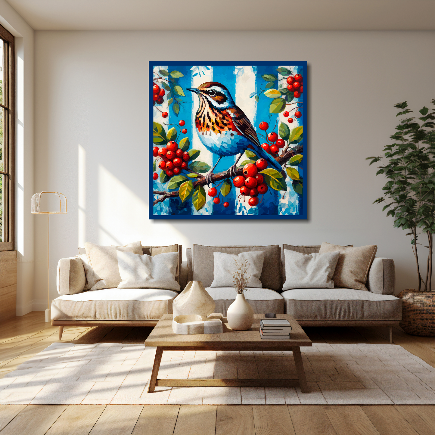 40 inch by 40 inch West Bromich Albion FC inspired canvas, mounted on a living room wall above a cream sofa. Featuring a Throstle bird sitting on a berry branch on a blue and white striped background.