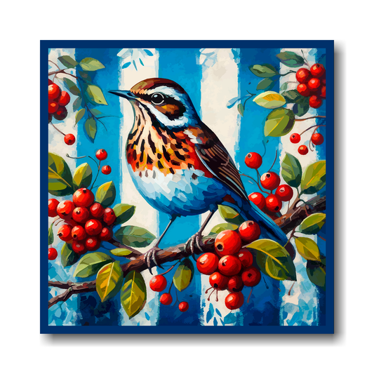 West Bromich Albion FC inspired canvas. Featuring a Throstle bird sitting on a berry branch on a blue and white striped background.