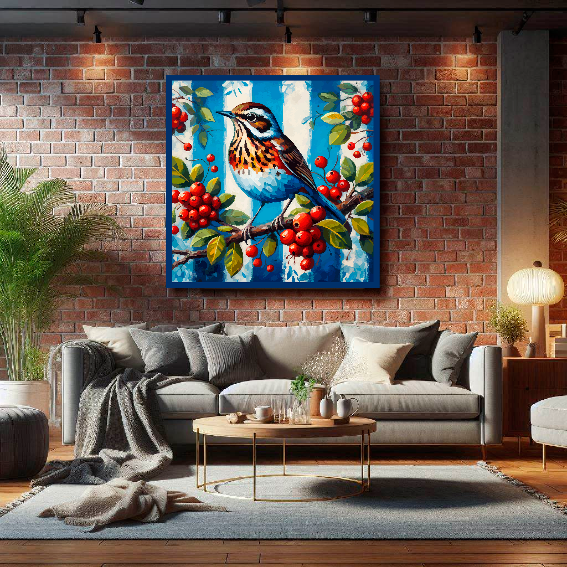West Bromich Albion FC inspired canvas, mounted on a living room wall above a grey sofa. Featuring a Throstle bird sitting on a berry branch on a blue and white striped background.