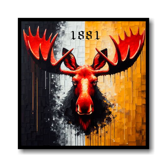 Watford FC inspired canvas. Featuring a large red moose head on a black and yellow halved background. '1881' text above.