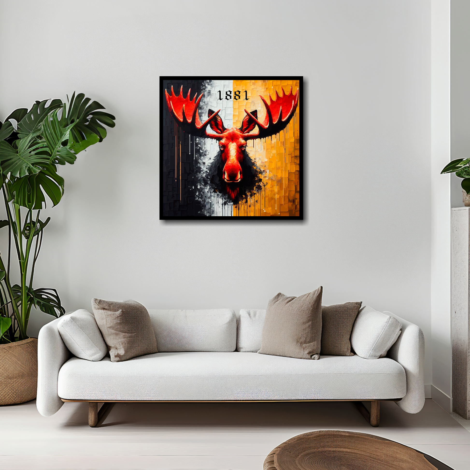 20 inch by 20 inch Watford FC inspired canvas, mounted on a living room wall above a white sofa. Featuring a large red moose head on a black and yellow halved background. '1881' text above.