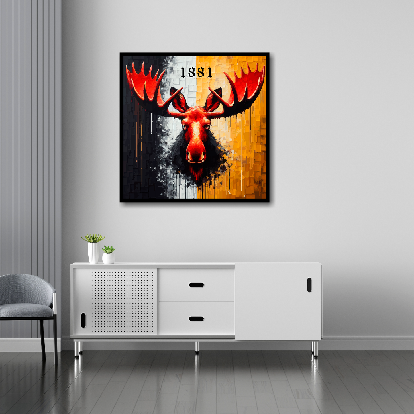 30 inch by 30 inch Watford FC inspired canvas, mounted on a living room wall above a white sideboard. Featuring a large red moose head on a black and yellow halved background. '1881' text above.