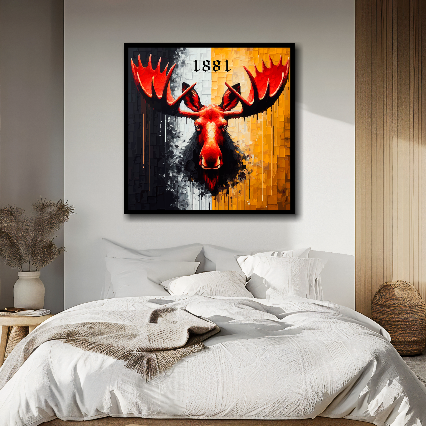 Watford FC inspired canvas, mounted on a bedroom wall above a double bed. Featuring a large red moose head on a black and yellow halved background. '1881' text above.