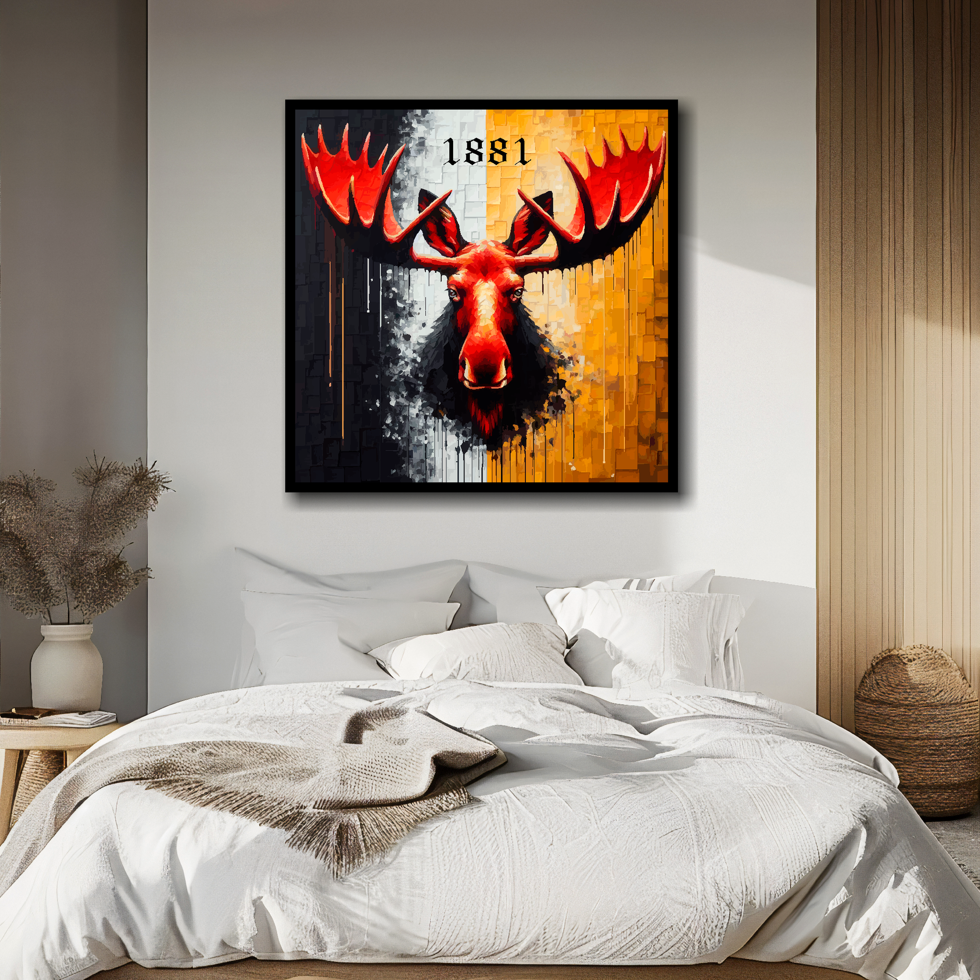 Watford FC inspired canvas, mounted on a bedroom wall above a double bed. Featuring a large red moose head on a black and yellow halved background. '1881' text above.