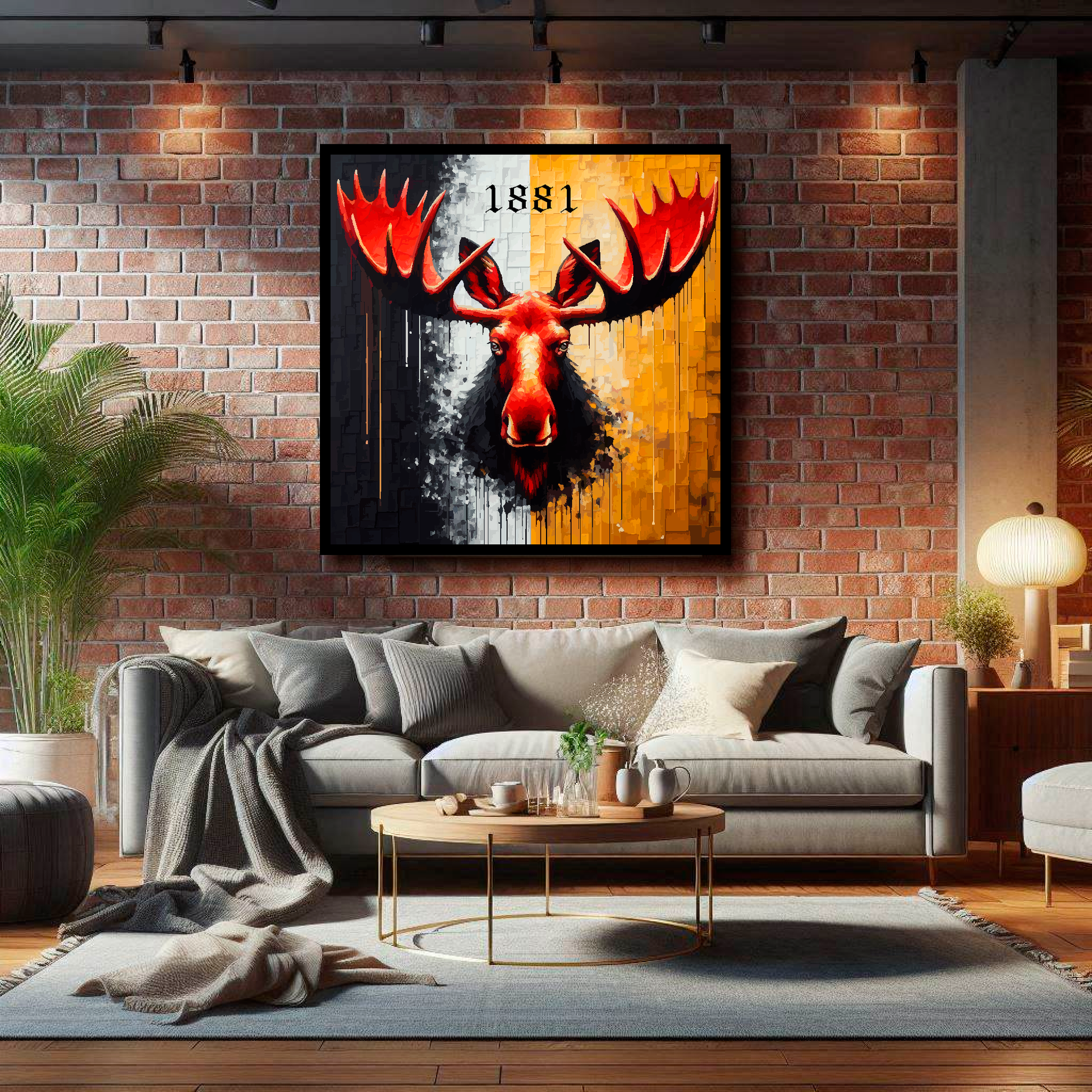 Watford FC inspired canvas, mounted on a living room wall above a grey sofa. Featuring a large red moose head on a black and yellow halved background. '1881' text above.