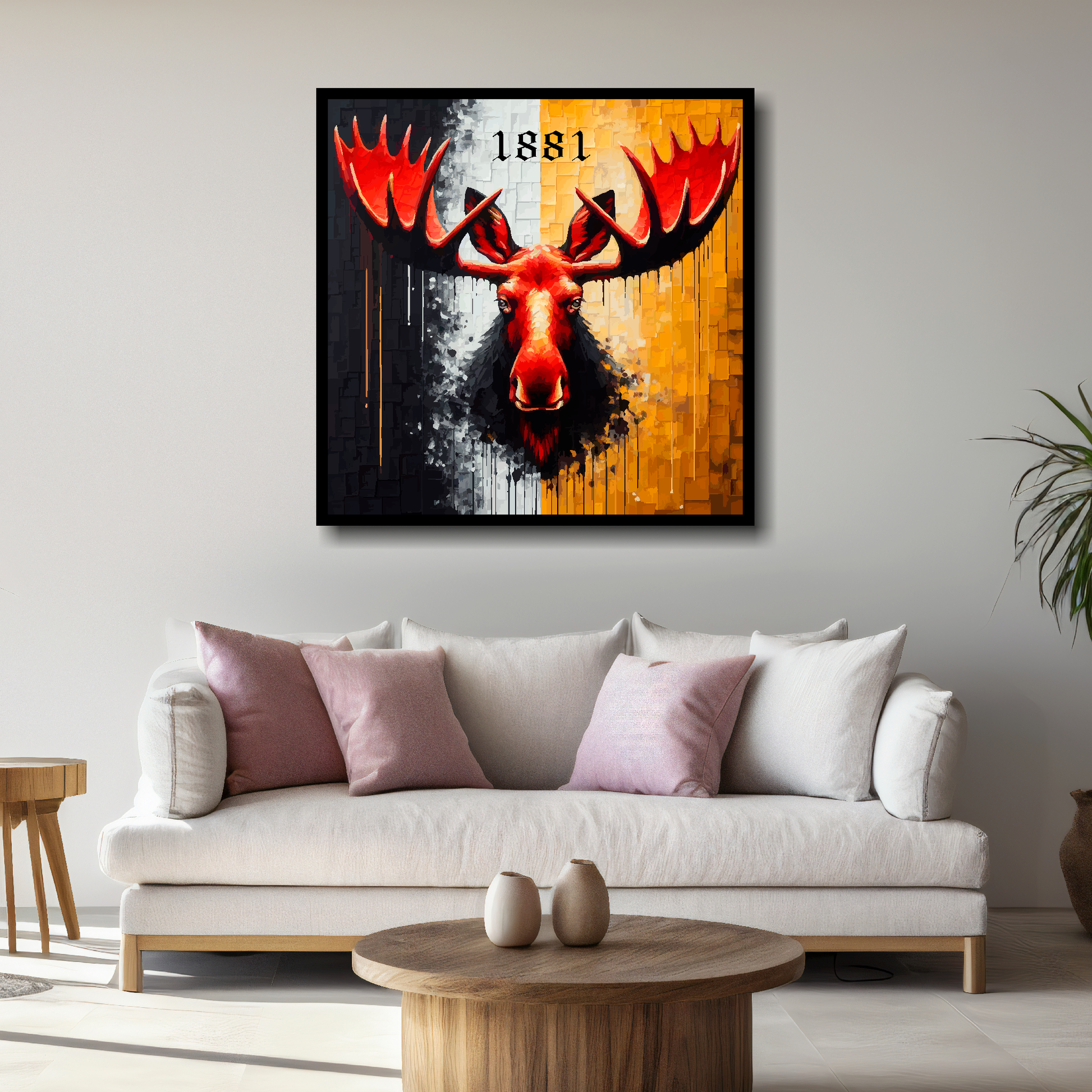 Watford FC inspired canvas, mounted on a living room wall above a white sofa. Featuring a large red moose head on a black and yellow halved background. '1881' text above.