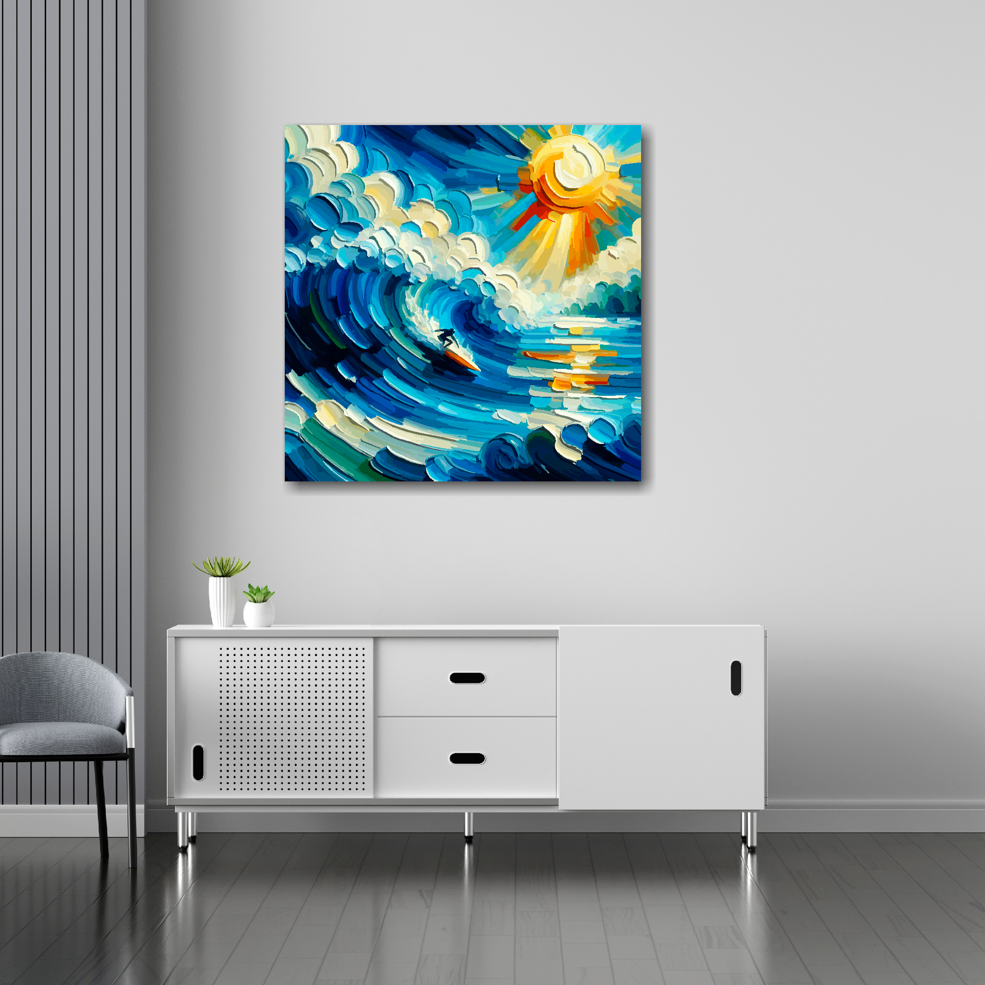 Wavebound canvas 30x30 inches above sideboard - large colourful surfing art UK made