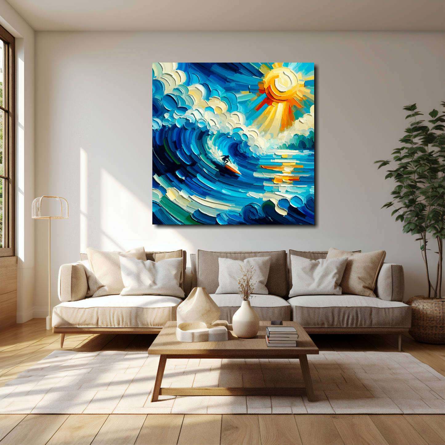 20 inch by 20 inch canvas mounted on a white living room wall above a cream sofa. Featuring an abstract painting of a surfer catching a huge wave.