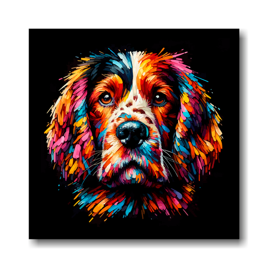 Colourful abstract painting of a Welsh Springer Spaniel dog's face on a black background.