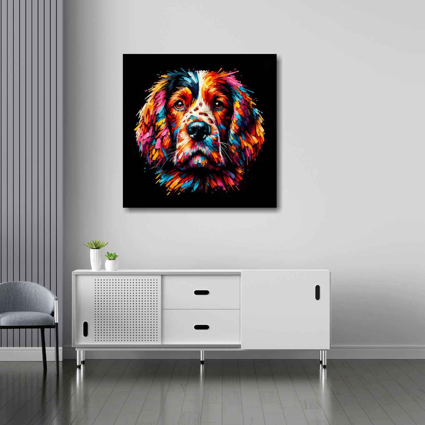 30 inch by 30 inch square canvas featuring a multi-coloured Welsh Springer Spaniel dog portrait. Mounted on a white wall above a white sideboard.
