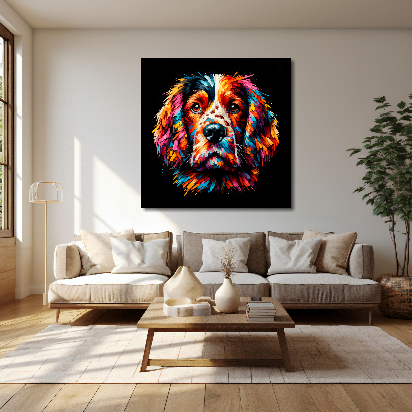 40 inch by 40 inch square canvas featuring a multi-coloured Welsh Springer Spaniel dog portrait. Mounted on a cream wall above a cream sofa with decorative pillows.