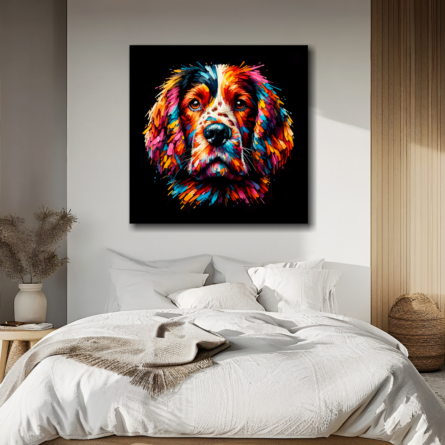 Canvas print  featuring a multi-coloured Welsh Springer Spaniel dog portrait. Mounted on a white wall above a double bed.