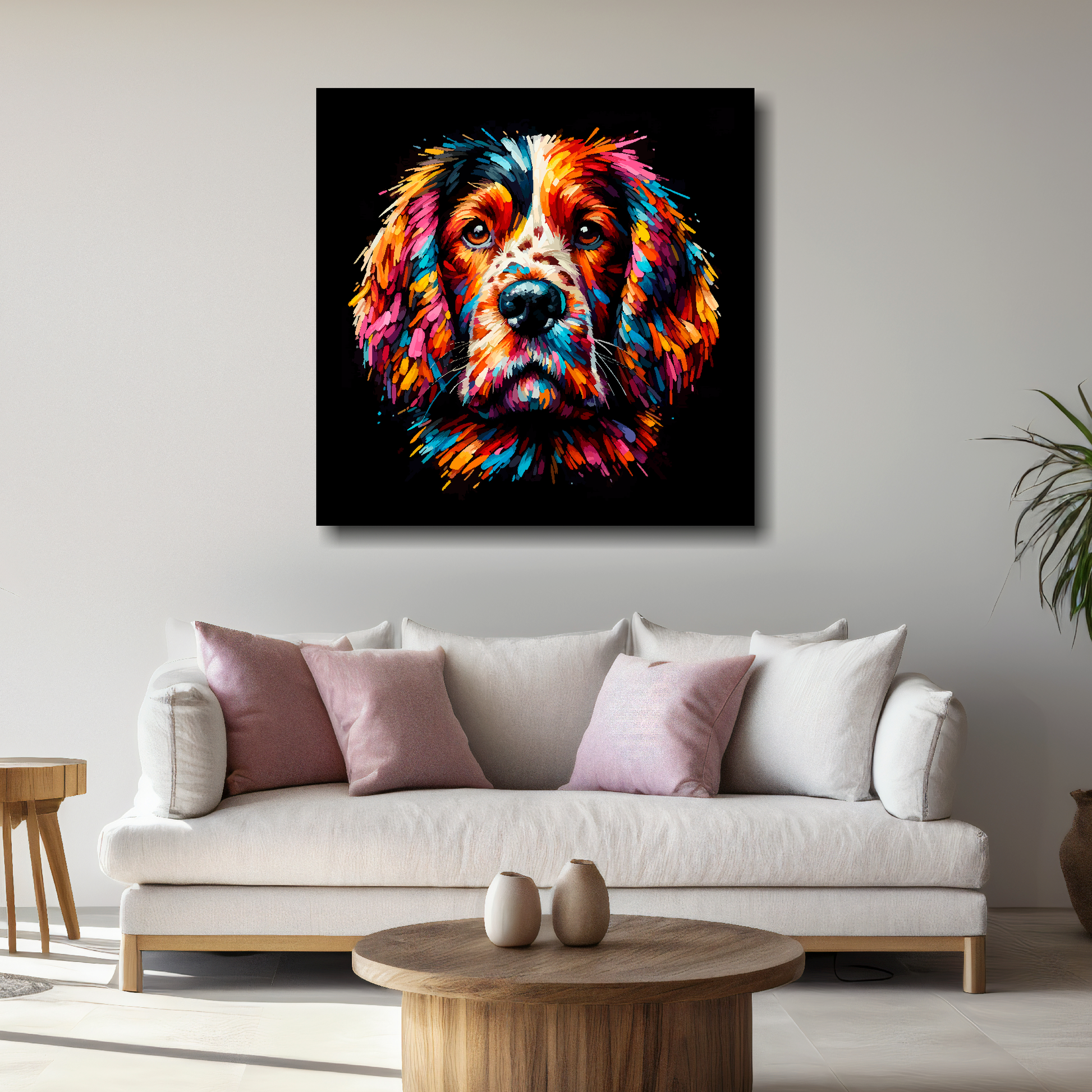 Large canvas featuring a multi-coloured Welsh Springer Spaniel dog portrait. Mounted on a white wall above a white sofa with decorative pillows.