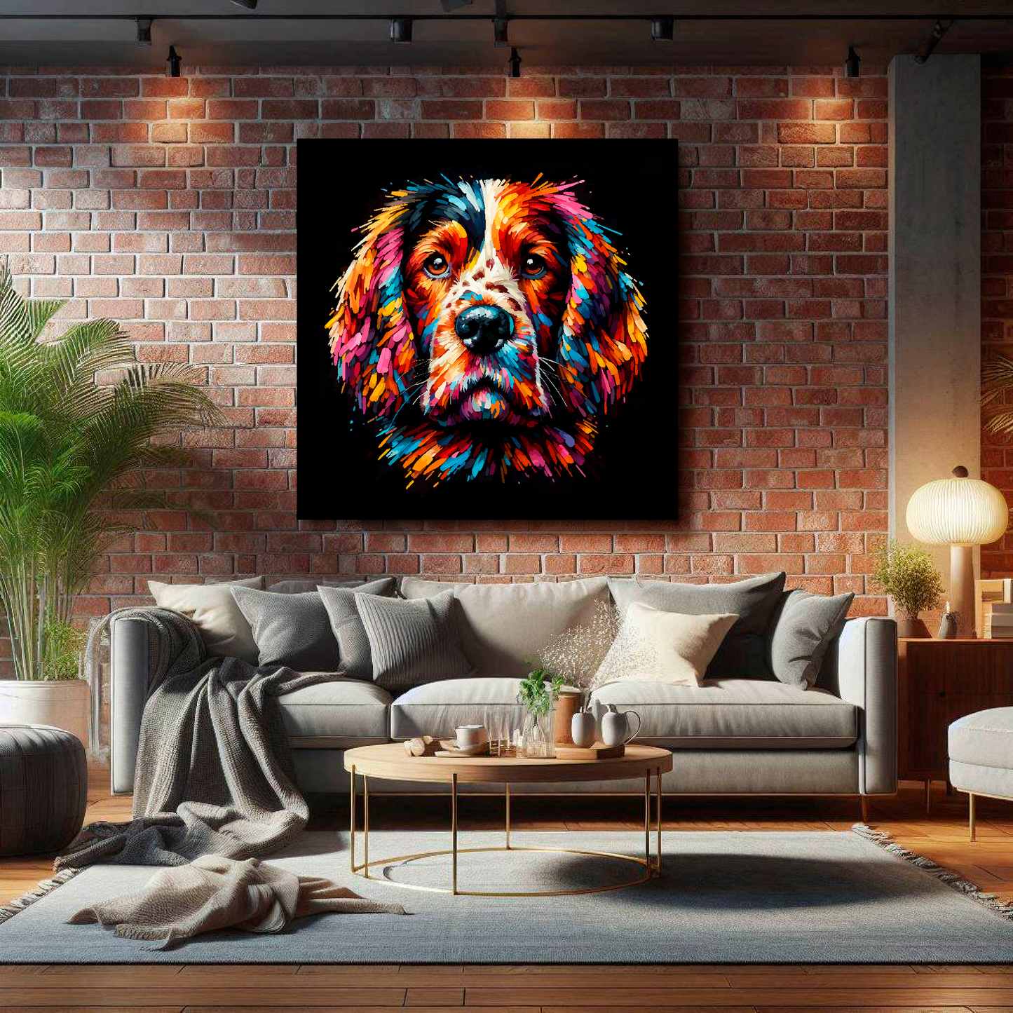 XL canvas featuring a multi-coloured Welsh Springer Spaniel dog portrait. Mounted on a brick wall above a grey sofa with decorative pillows.
