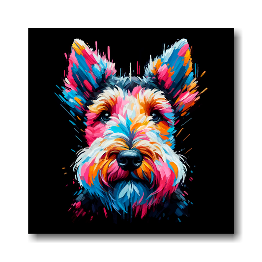 Colourful abstract painting of a Welsh Terrier dog's face on a black background.