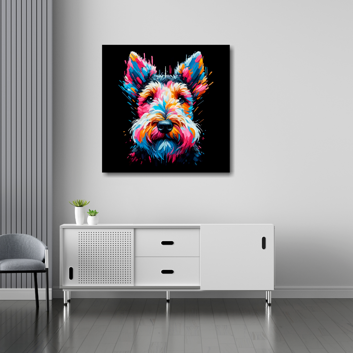 30 inch by 30 inch square canvas featuring a multi-coloured Welsh Terrier dog portrait. Mounted on a white wall above a white sideboard.