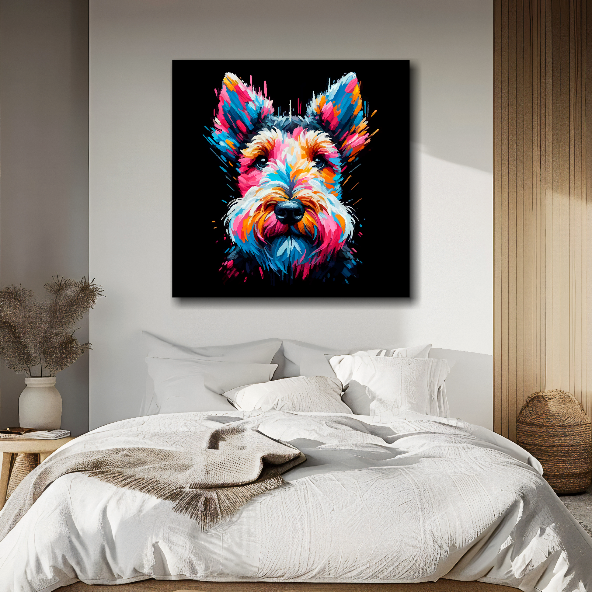 Square canvas featuring a multi-coloured Welsh Terrier dog portrait. Mounted on a white wall above a double bed.