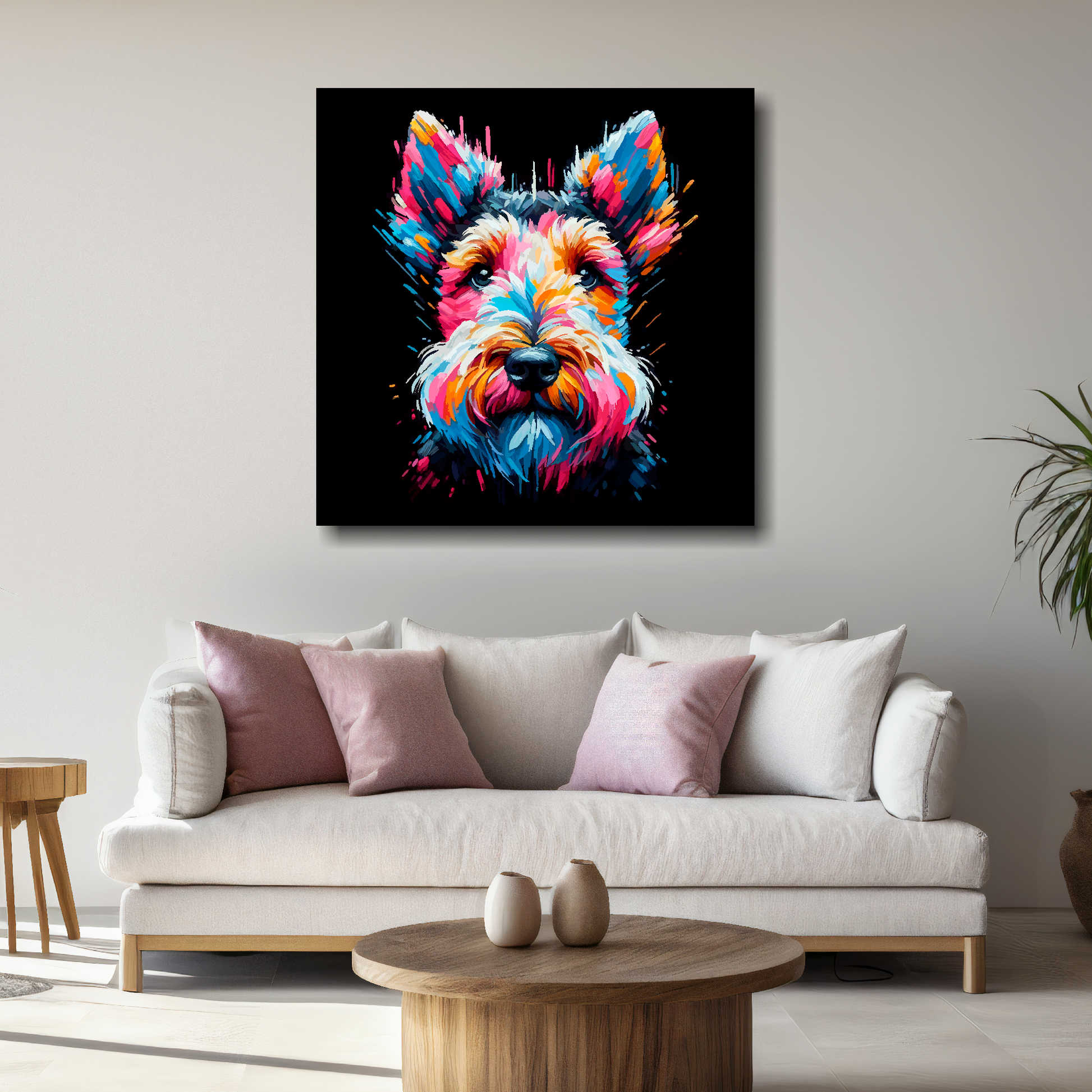 Large canvas featuring a multi-coloured Welsh Terrier dog portrait. Mounted on a white wall above a white sofa with decorative pillows.