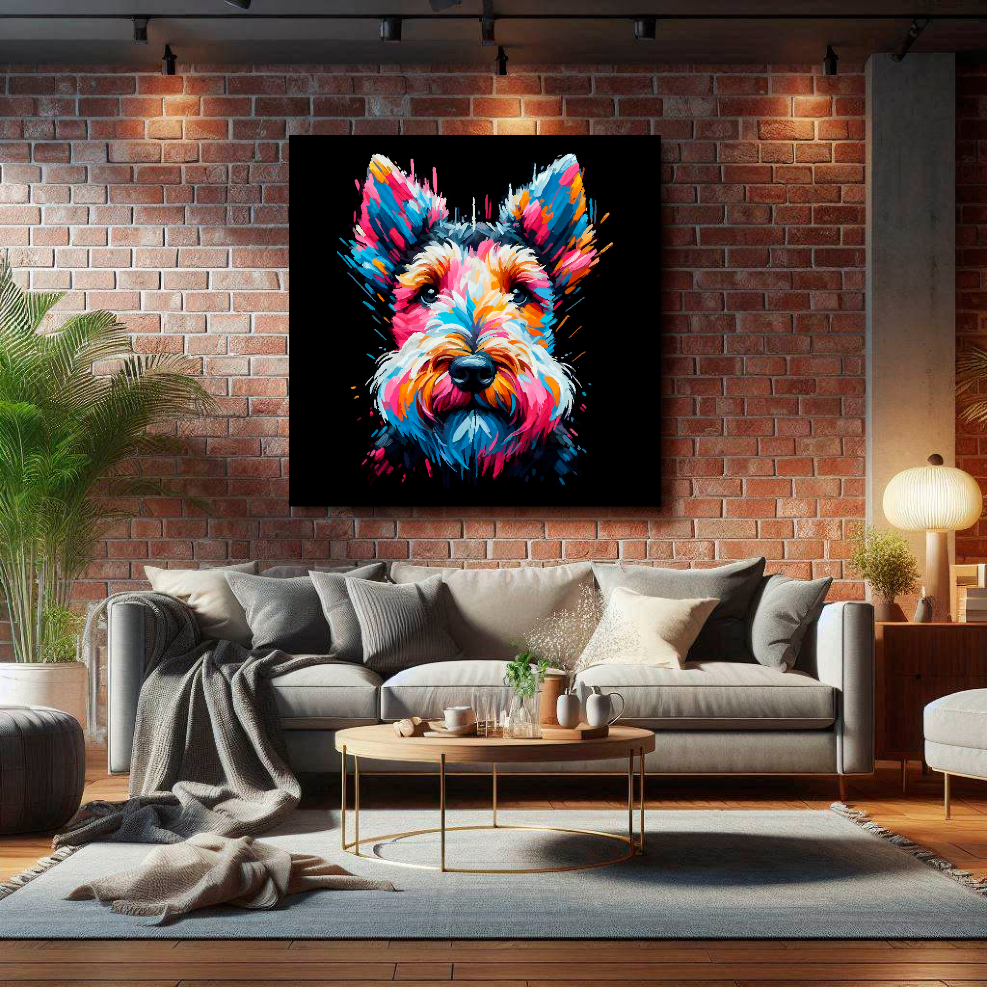 XL canvas featuring a multi-coloured Welsh Terrier dog portrait. Mounted on a lounge brick wall above a grey sofa with decorative pillows.
