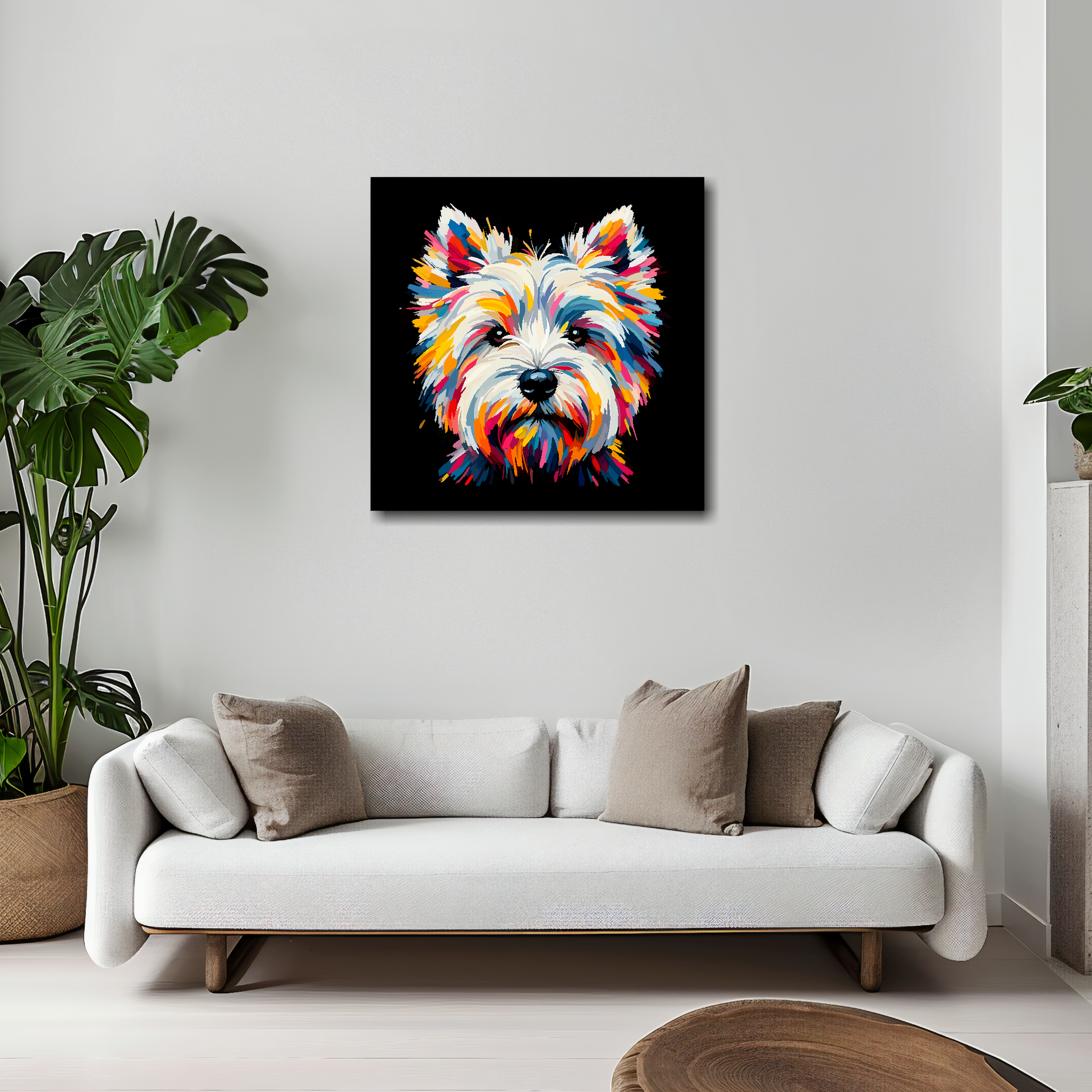 20 inch by 20 inch square canvas of a colourful West Highland Terrier head portrait on a black background. Mounted on a white wall above a white sofa with decorative pillows.