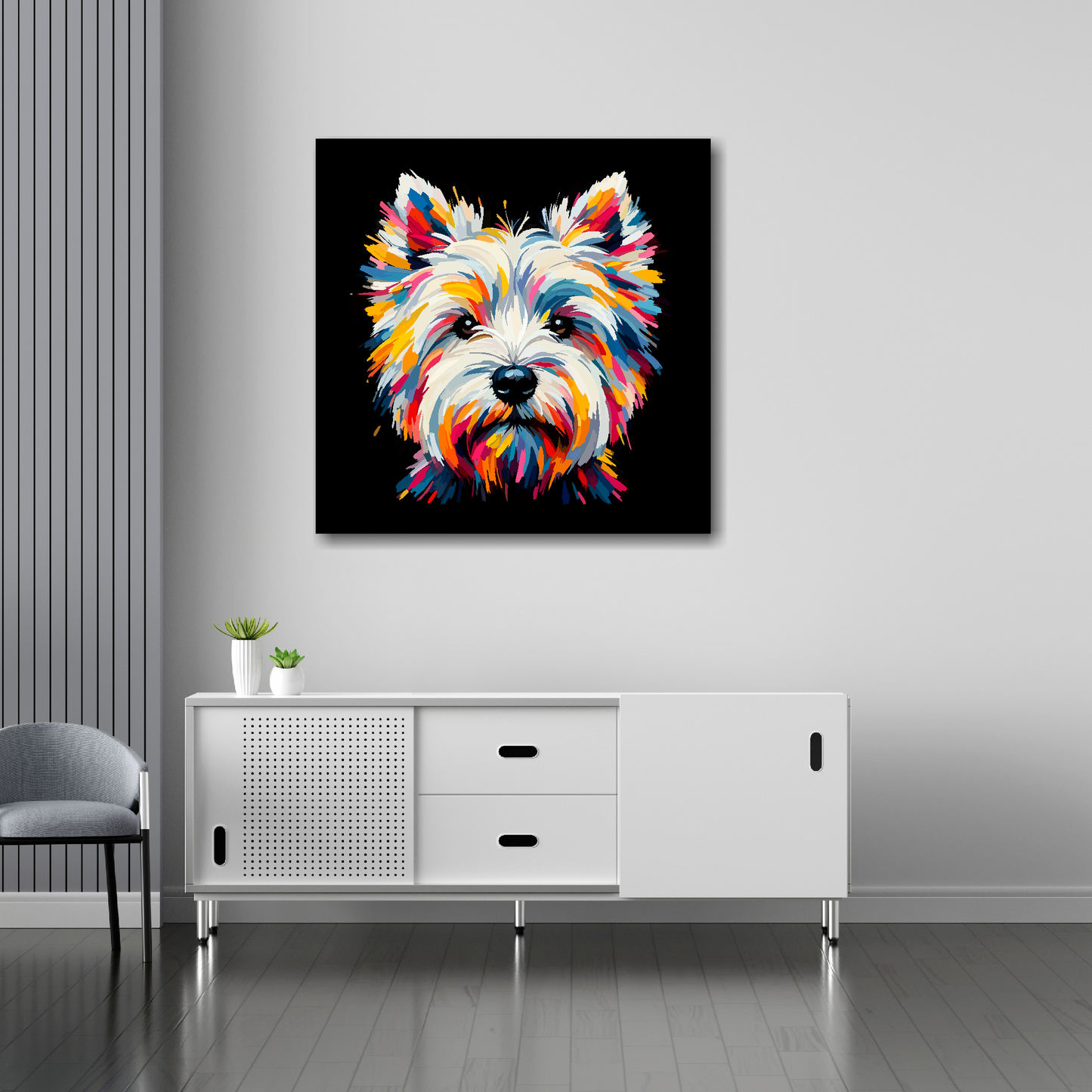 30 inch by 30 inch square canvas of a colourful West Highland Terrier head portrait on a black background. Mounted on a white wall above a white sideboard.