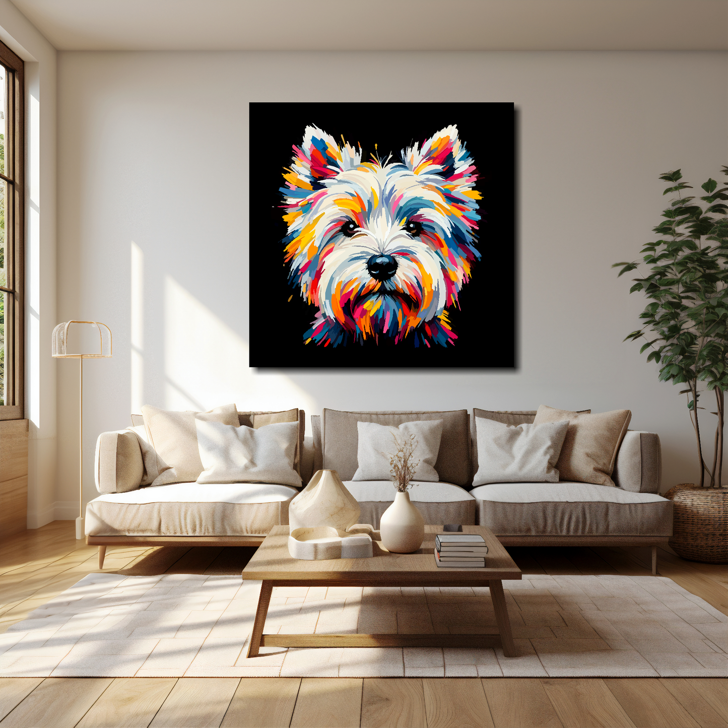 40 inch by 40 inch square canvas of a colourful West Highland Terrier head portrait on a black background. Mounted on a white wall above a cream sofa with decorative pillows.