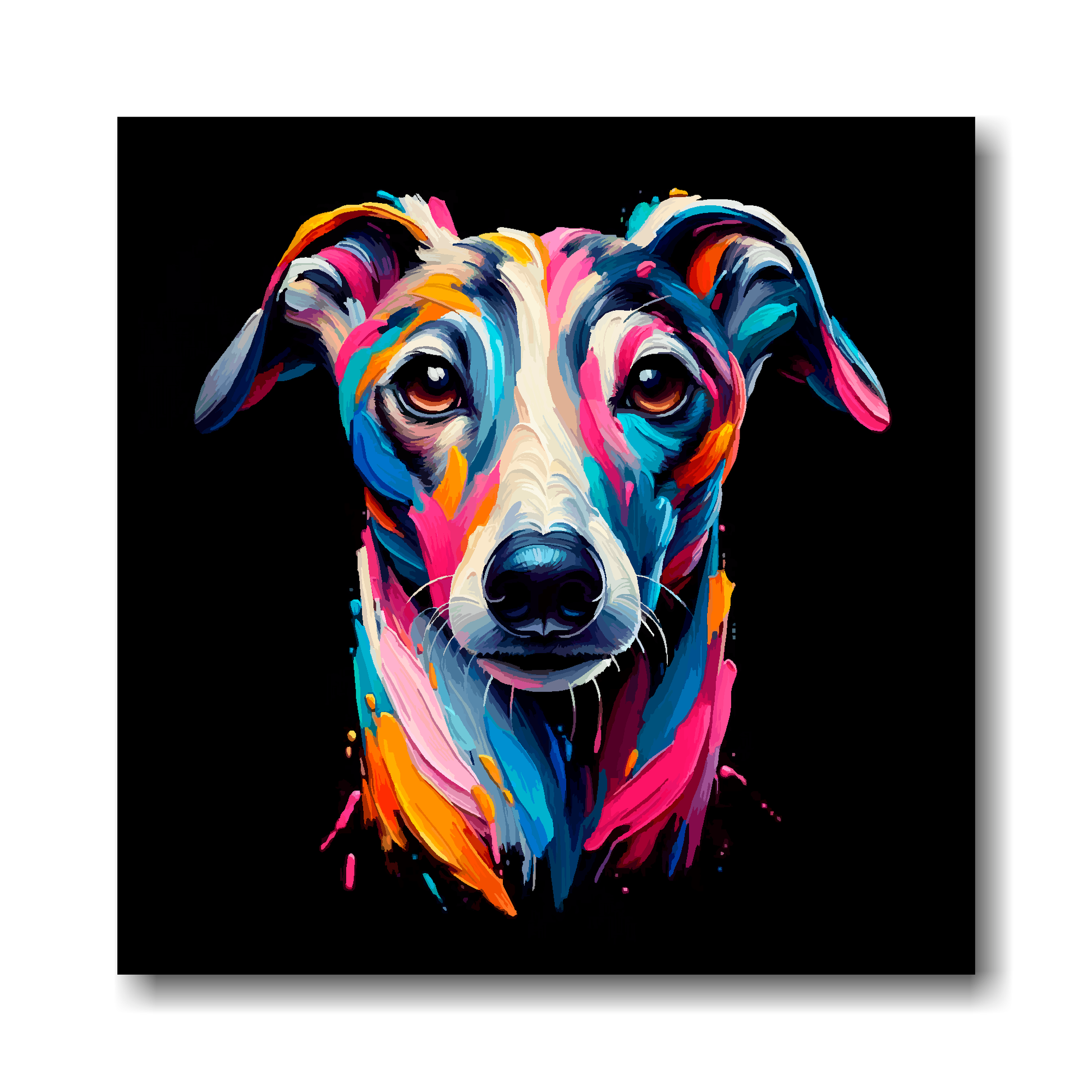 Colourful abstract painting of a Whippet dog's face on a black background.