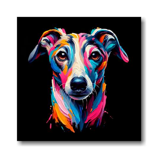 Colourful abstract painting of a Whippet dog's face on a black background.