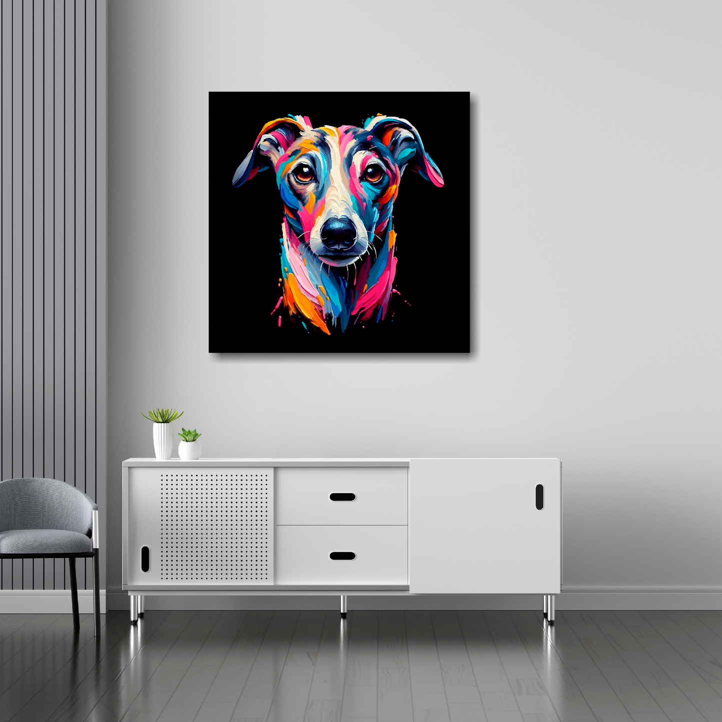 30 inch by 30 inch square canvas featuring a multi-coloured Whippet dog portrait. Mounted on a white wall above a white sideboard.