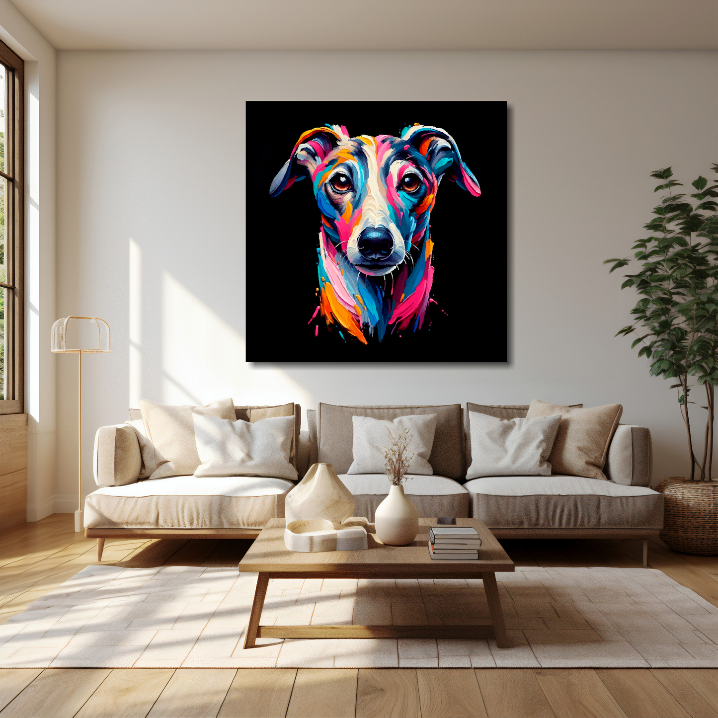 40 inch by 40 inch square canvas featuring a multi-coloured Whippet dog portrait. Mounted on a cream wall above a cream sofa with decorative pillows.
