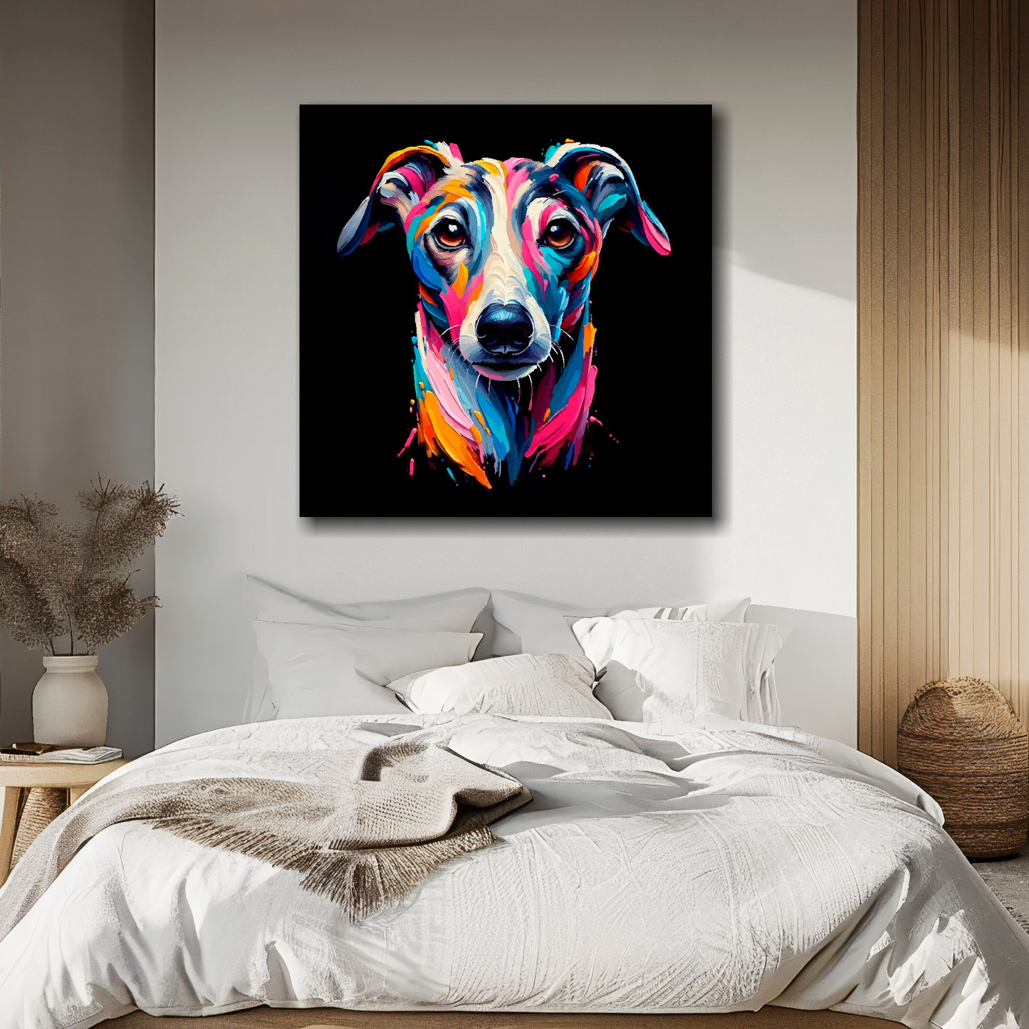 Canvas print featuring a multi-coloured Whippet dog portrait. Mounted on a white wall above a double bed.