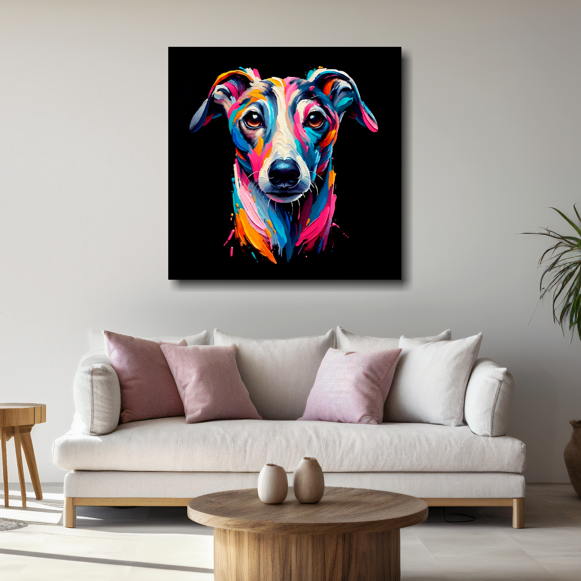 Large canvas featuring a multi-coloured Whippet dog portrait. Mounted on a white wall above a white sofa with decorative pillows.