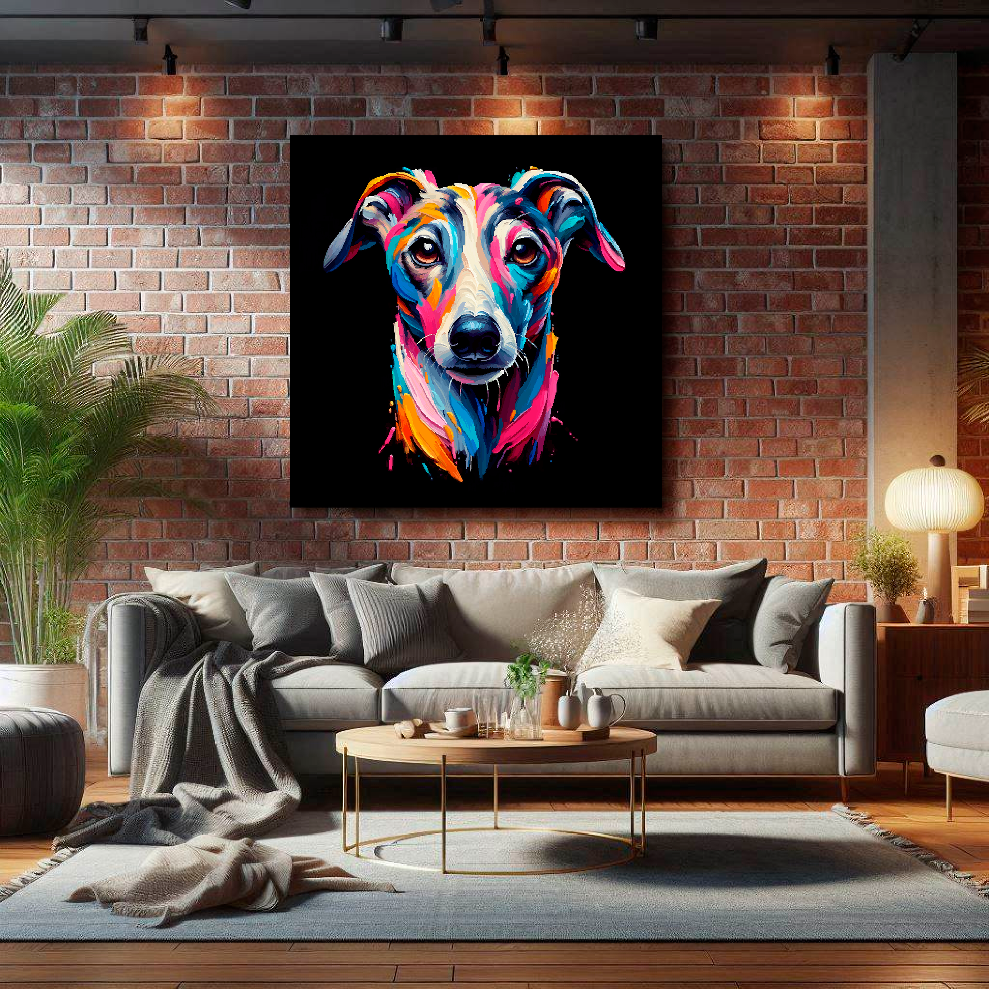 XL canvas featuring a multi-coloured Whippet dog portrait. Mounted on a lounge brick wall above a grey sofa with decorative pillows.