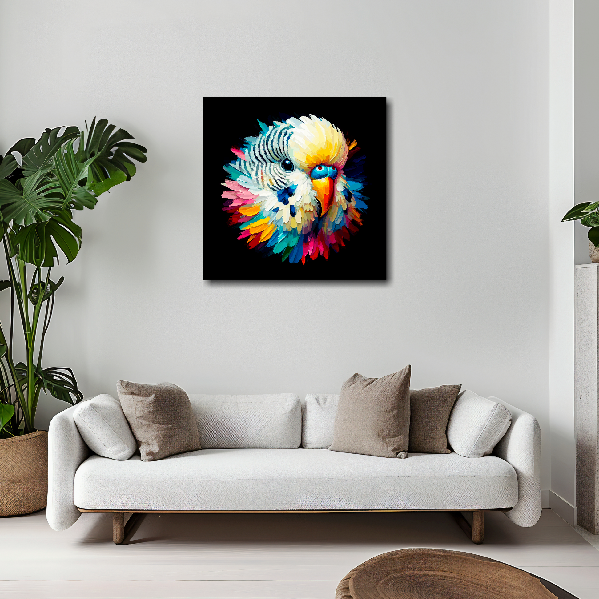 20 inch by 20 inch square canvas of a colourful White Budgie portrait on a black background. Mounted on a white wall above a white sofa with decorative pillows.