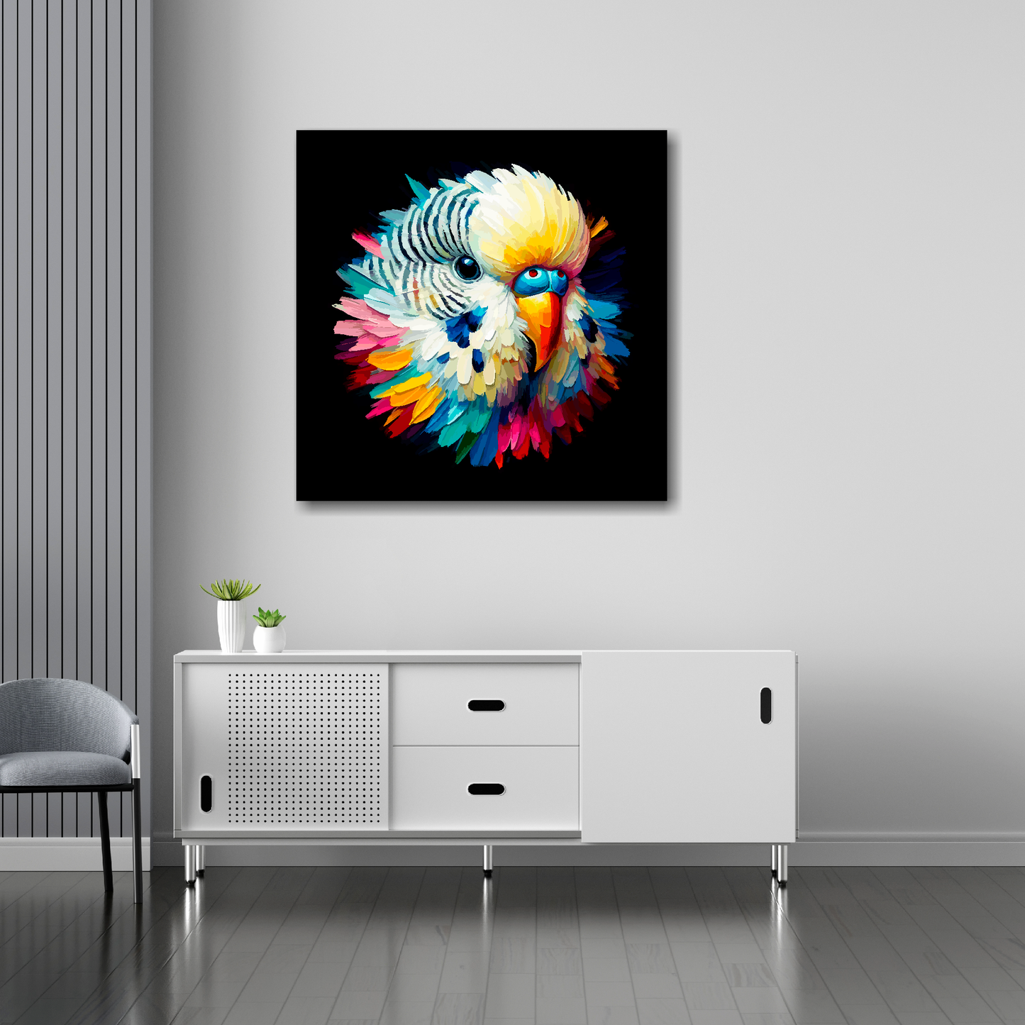 30 inch by 30 inch square canvas of a colourful White Budgie portrait on a black background. Mounted on a white wall above a white sideboard.