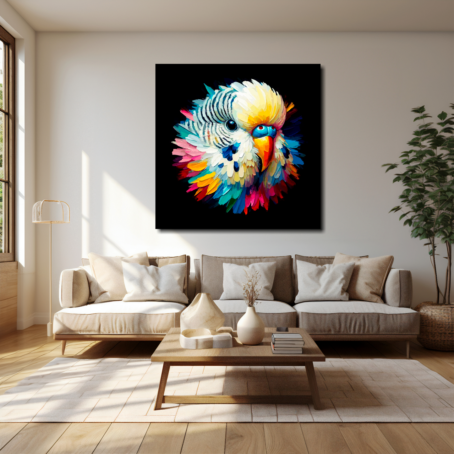 40 inch by 40 inch square canvas of a colourful White Budgie portrait on a black background. Mounted on a white wall above a cream sofa with decorative pillows.