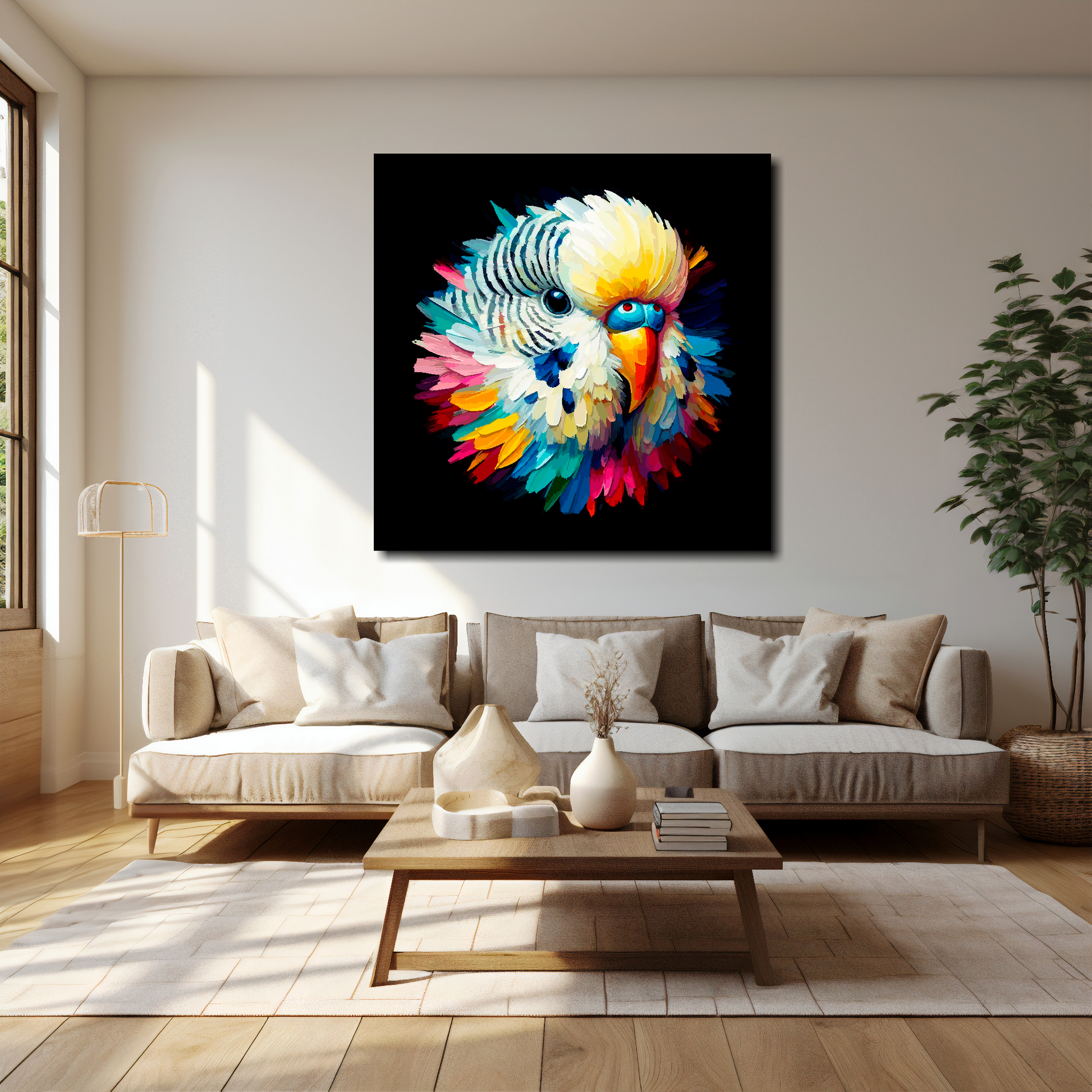 White Budgie canvas 40x40 inches above cream sofa - XL vibrant bird wall art UK