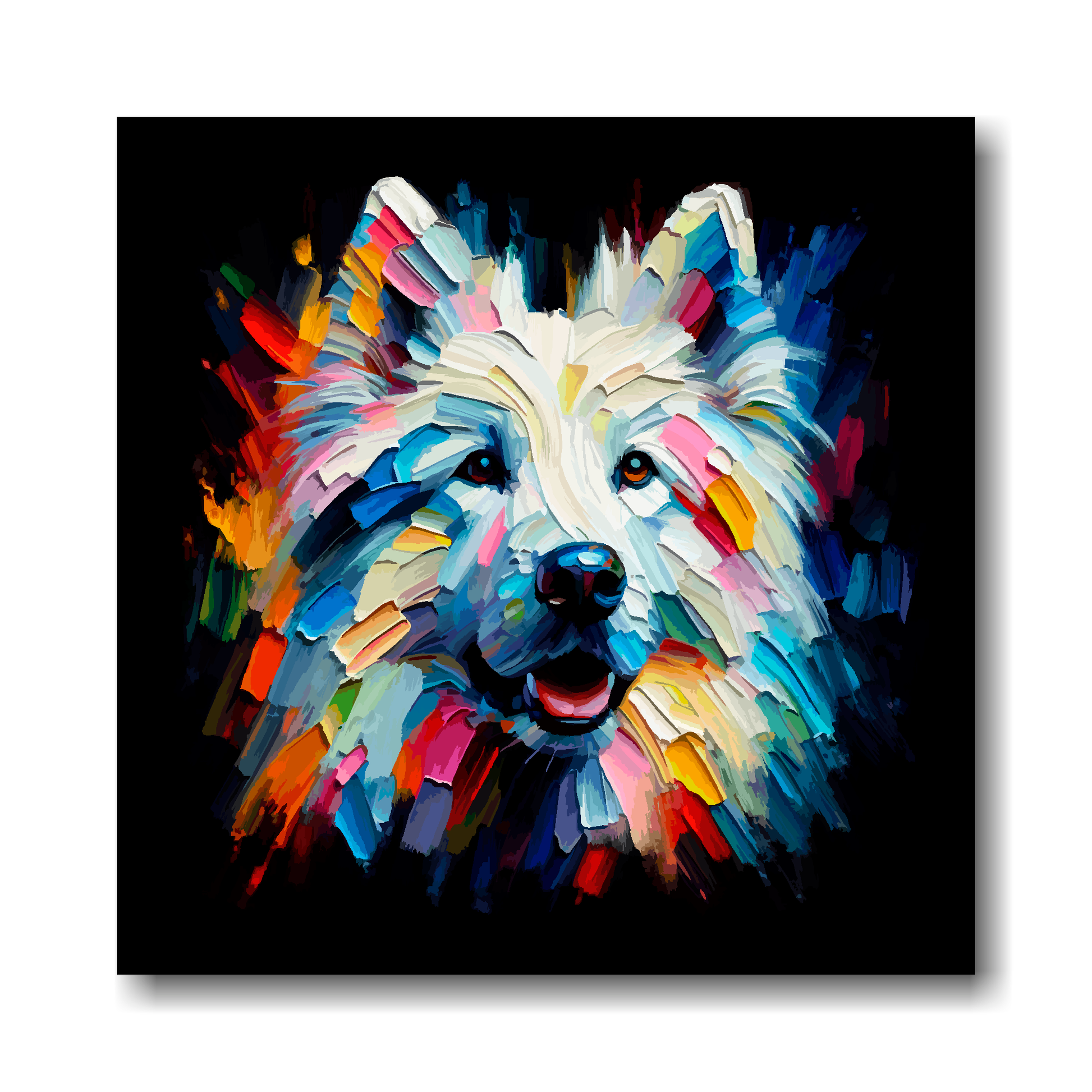 Colourful abstract canvas of a White Shepherd dog portrait on a black background.