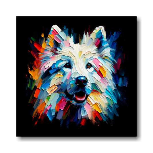 Colourful abstract canvas of a White Shepherd dog portrait on a black background.