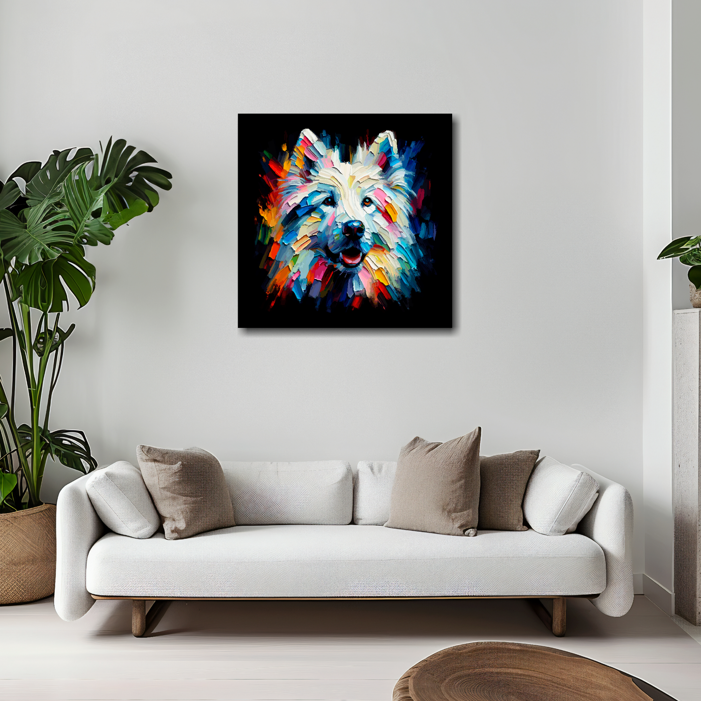 20 inch by 20 inch square canvas featuring a multi-coloured White Shepherd dog portrait. Mounted on a white wall above a white sofa with decorative pillows.