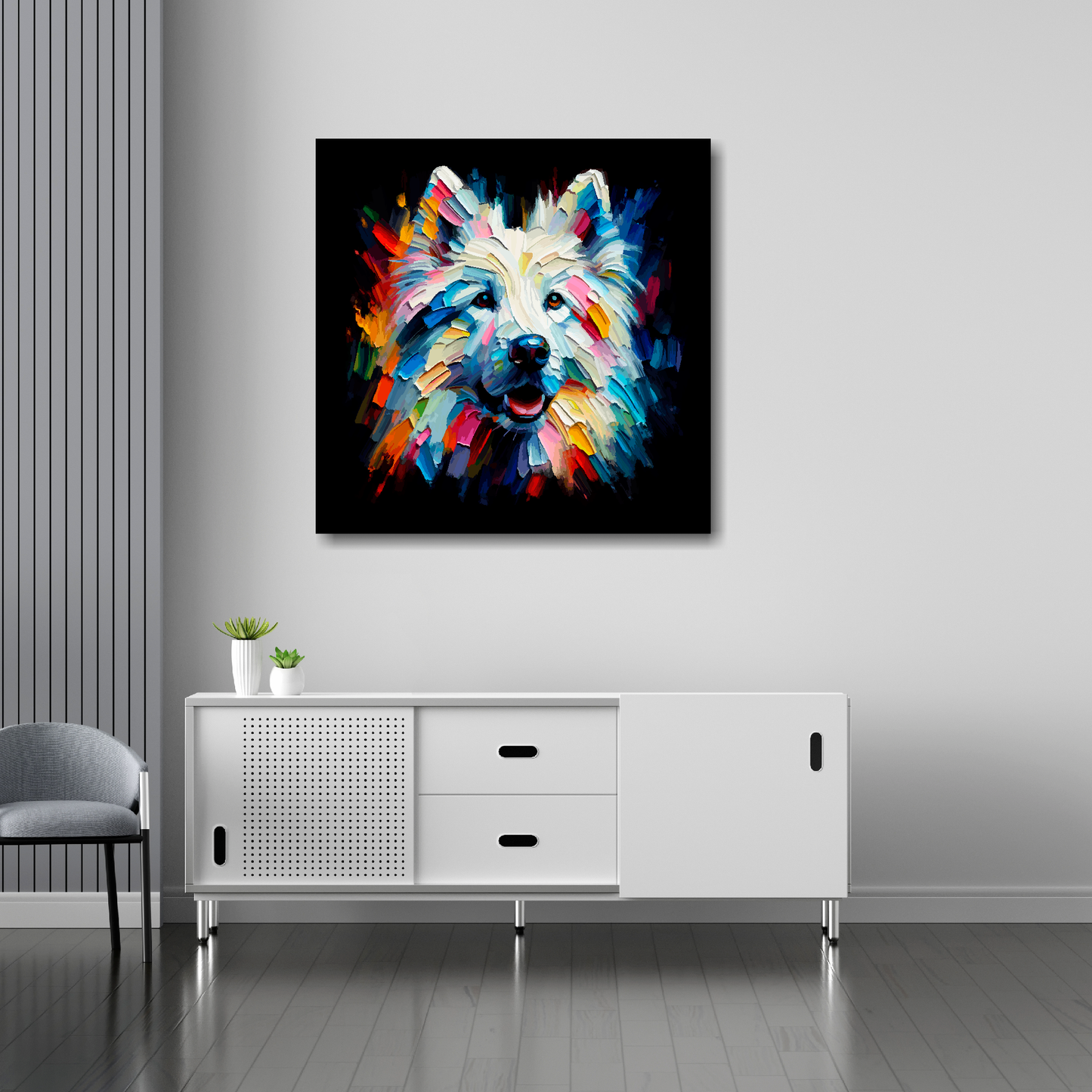 30 inch by 30 inch square canvas featuring a multi-coloured White Shepherd dog portrait. Mounted on a white wall above a white sideboard.