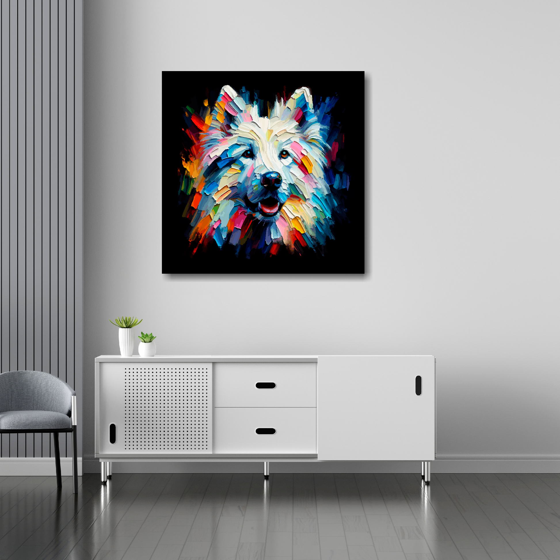 White Shepherd canvas 30x30 inches above sideboard - large colourful dog portrait UK made