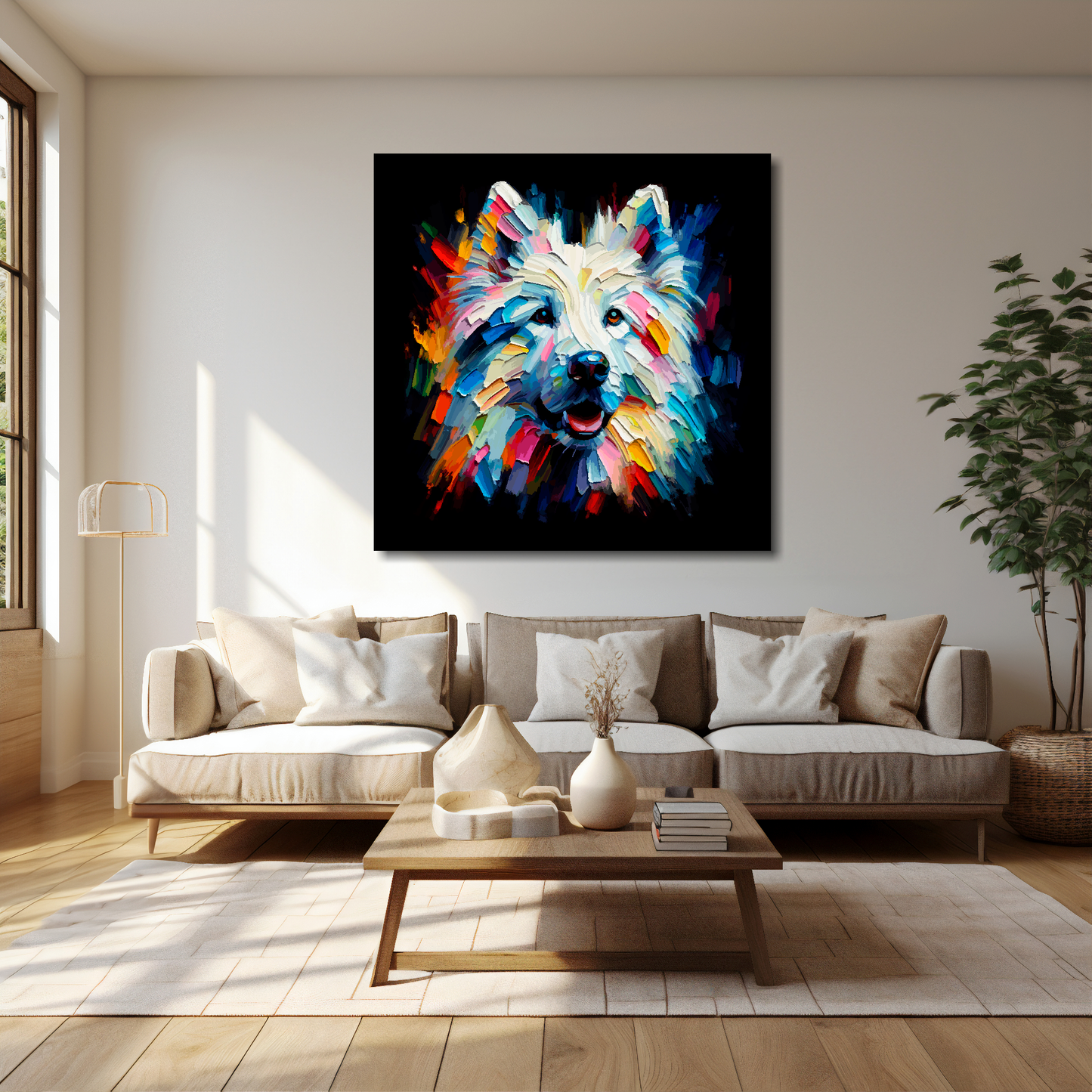 20 inch by 20 inch square canvas featuring a multi-coloured White Shepherd dog portrait. Mounted on a cream wall above a cream sofa with decorative pillows.