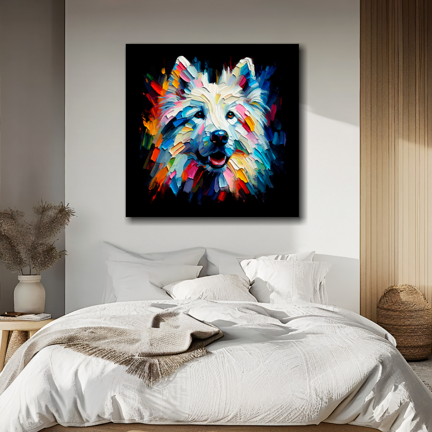 Large square canvas featuring a multi-coloured White Shepherd dog portrait. Mounted on a white wall above a double bed.