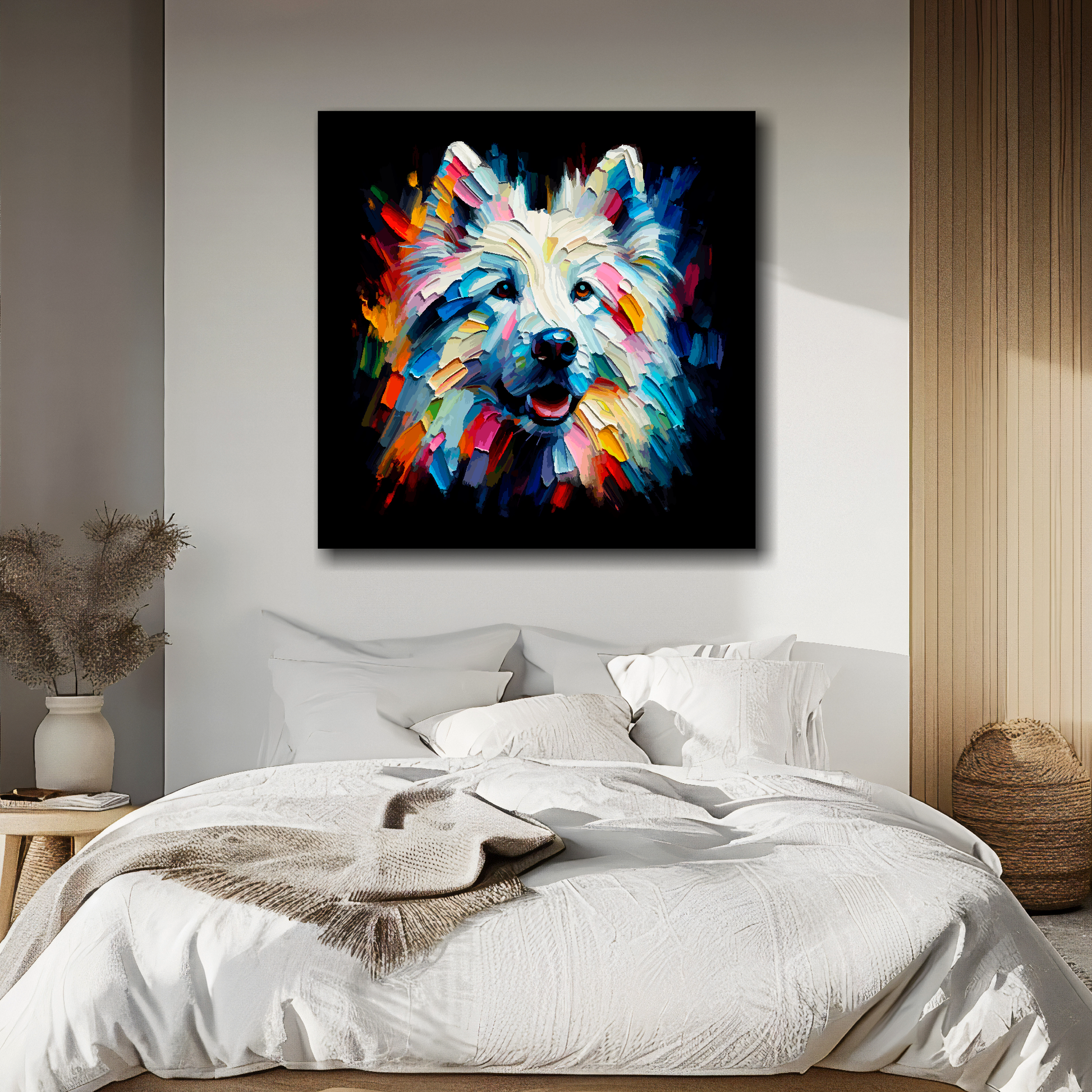 Large square canvas featuring a multi-coloured White Shepherd dog portrait. Mounted on a white wall above a double bed.