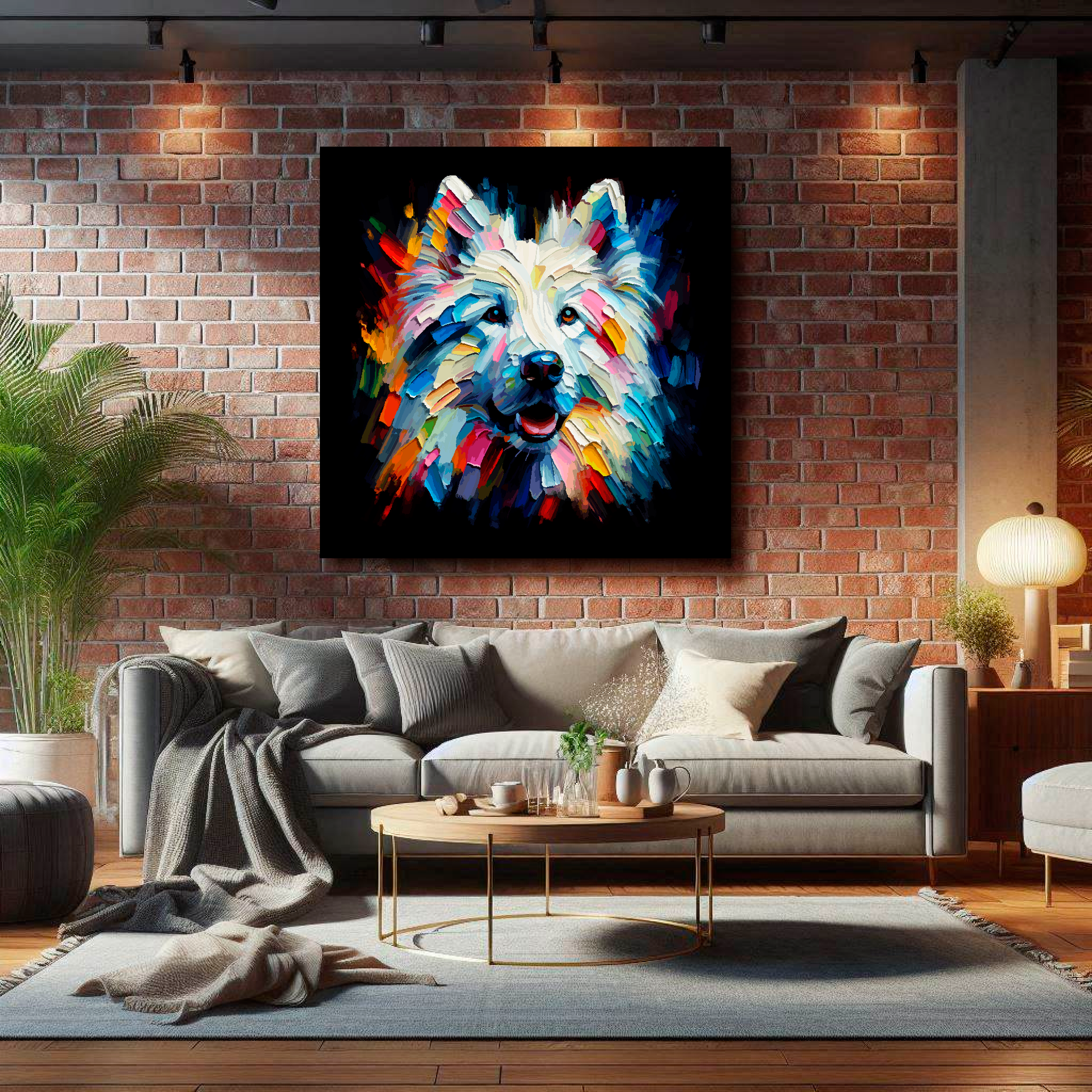 XL square canvas featuring a multi-coloured White Shepherd dog portrait. Mounted on a brick wall above a grey sofa with decorative pillows.
