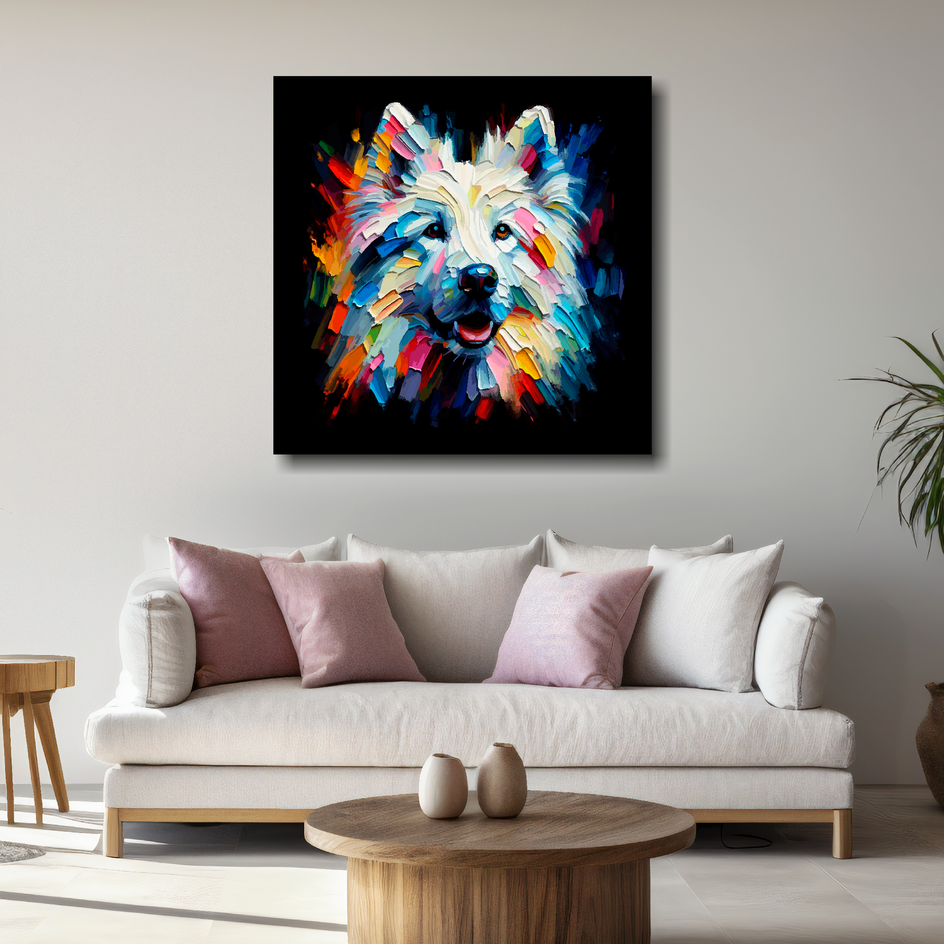 Square canvas featuring a multi-coloured White Shepherd dog portrait. Mounted on a white wall above a white sofa with decorative pillows.